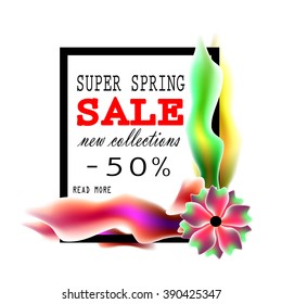 Super Spring Sale Banner. Spring Sale - 50% OFF. Colorful Spring Frame with Flowers. Vector Illustration.