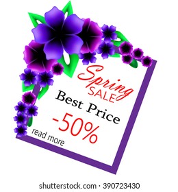 Super Spring Sale Banner. Spring Sale - 50% OFF. Colorful Spring Frame with Flowers. Frame can use for greeting cards or invitations. Vector Illustration.