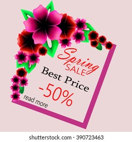 Super Spring Sale Banner. Spring Sale - 50% OFF. Colorful Spring Frame with Flowers. Frame can use for greeting cards or invitations. Vector Illustration.