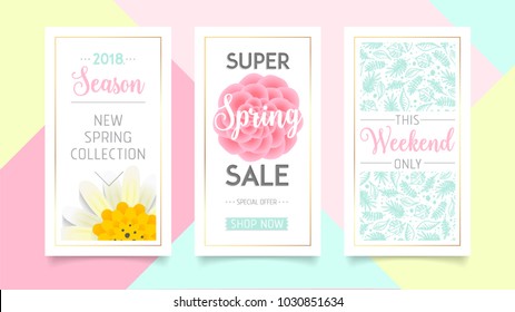 Super Spring Sale Banner. Paper cut Floral card. Spring blossom. Happy Women's Day. 8 March. Text. Seasonal holiday. Spring Sale Poster, voucher discount. Memphis style spring summer