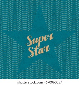 Super Star Calligraphic Logo Lettering in Star Pentagon Shape Blank Space over Repeating Wavy Lines - Beige Elements on Turquoise Rough Paper Background - Vector Hand Drawn Graphic Design