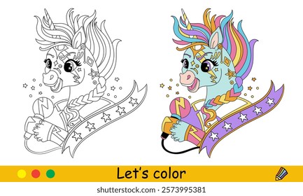 Super Star cute unicorn with a microphones. Kids coloring book page with color sample. Vector cartoon illustration on white background. Linear drawing. For colorings, prints, posters, stickers, puzzle