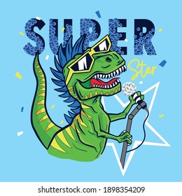 Super star dinosaur character design.Dinosaur, microphone vector print.Fun t-shirt design for kids.Vector illustration design for fashion fabrics, textile graphics, print.
