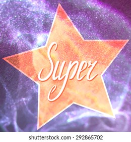 Super Star glitter vector greeting card. Freehand Super message CD cover design. Pastel Purple Pink background illustration.