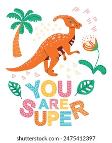 Super star, super kid. Scandinavian hand drawn illustration with dinosaur, dragon. Children's poster, poster, pajamas.