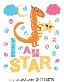 Super star, super kid. Scandinavian hand drawn illustration with dinosaur, dragon. Children's poster, poster, pajamas.