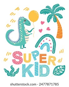 Super star, super kid. Scandinavian hand drawn illustration with dinosaur, dragon. Children's poster, poster, pajamas.