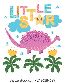 Super star, super kid. Scandinavian hand drawn illustration with dinosaur, dragon. Children's poster, poster, pajamas.