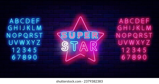 Super star neon sign. Talent competition. Celebrity label. Show and party celebration. Event flyer. Performance greeting card. Shiny blue and pink alphabet. Glowing banner. Vector stock illustration