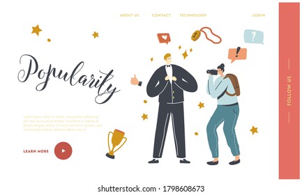 Super Star Popularity Landing Page Template. Male Character Vip Person Posing to Paparazzi Attacking him. Famous Actor or Celebrity Attract Attention of Photographer. Linear People Vector Illustration