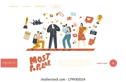 Super Star Popularity Landing Page Template. Male Character Vip Person Posing to Paparazzi Attack him. Famous Actor or Celebrity Attract Attention of Photographers. Linear People Vector Illustration