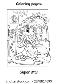 Super star singer unicorn combs her mane in the dressing room. Kids coloring book page. Vector cartoon illustration isolated on white background. For colorings, prints, posters, stickers, puzzle