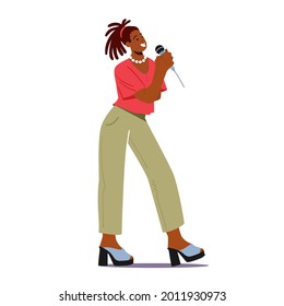 Super Star Singing Song. African Woman on Stage Performing Composition in Karaoke Bar. Artist Female Characters Singing at Music Event or Concert, Corporate Party. Cartoon People Vector Illustration