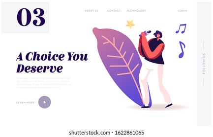 Super Star Singing Song Website Landing Page. Woman on Stage Performing in Karaoke Bar. Artist Singing at Music Event or Concert, Corporate Party Web Page Banner. Cartoon Flat Vector Illustration