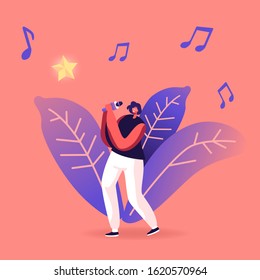 Super Star Singing Song. Woman Cheering and Dancing on Stage Performing Composition in Karaoke Bar. Artist Singing at Music Event or Concert, Corporate Party Leisure. Cartoon Flat Vector Illustration