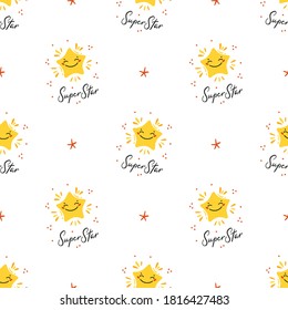 Super Star. Yellow Cute Kawaii Stars Vector Seamless Pattern. Starry Sky Background. T-shirt Print, Nursery, Baby Shower, Holiday or Birthday Party Design for Kids