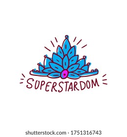 Super stardom doodle - hand drawn blue royal crown with flower petal decorations isolated on white background. King or queen jewelry drawing - flat vector illustration