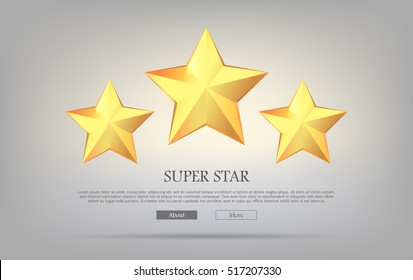 Super stars. Three golden stars on silver background. Shining, glossing, brightful rewards. Great pictures. Different sizes. Winning. Big star and two little. Flat design. Vector illustration