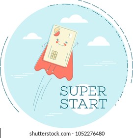 Super start trendy concept in line art style. Banking and finance, ecommerce service sign, business technology, retail and shopping symbol. Credit card in red cloak funny character vector illustration
