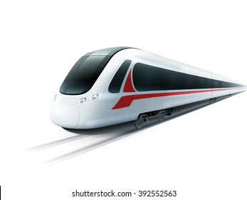 Super streamlined high-speed train on white background emblem realistic image ad poster isolated vector illustration 