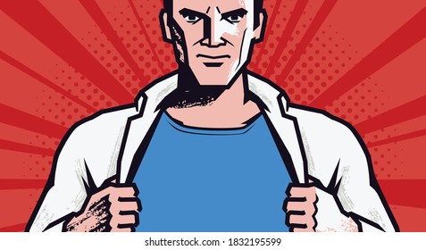 Super strong man in style comic pop art. Businessman leader vector illustration