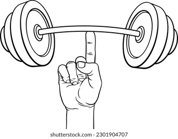 A super strong weight lifting or weightlifting  hand holding a heavy barbell or dumbbell with one finger concept.