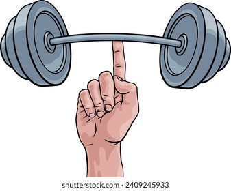 A super strong weight lifting or weightlifting  hand holding a heavy barbell or dumbbell with one finger concept.