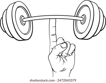 A super strong weight lifting or weightlifting  hand holding a heavy barbell or dumbbell with one finger concept.