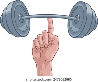 A super strong weight lifting or weightlifting  hand holding a heavy barbell or dumbbell with one finger concept.