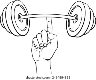 A super strong weight lifting or weightlifting  hand holding a heavy barbell or dumbbell with one finger concept.