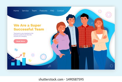 Super successful team, group of people standing together, teamwork win, smiling colleagues characters embracing, employees portrait view vector. Website or slider app, landing page flat style