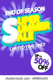 Super Summer Sale, up to 50% off, end of season, poster design template, vector illustration