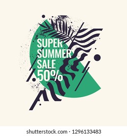 Super summer sale. Abstract background with palm leave and geometric shapes. Vector illustration