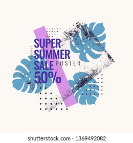 Super summer sale. Abstract background with palm leave and geometric shapes. Vector illustration