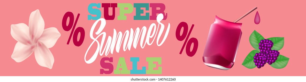 Super summer sale banner. Bank of juice, raspberries, colourful banner sales.