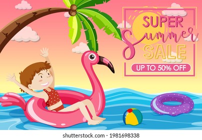 Super Summer Sale banner with a happy girl at the beach  illustration