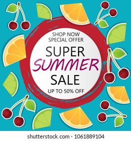 Super Summer Sale Banner in paper cut style. Circle frame for text. Vector illustration.