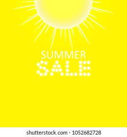Super summer sale banner with sun on the yellow background. Business seasonal shopping concept, vector