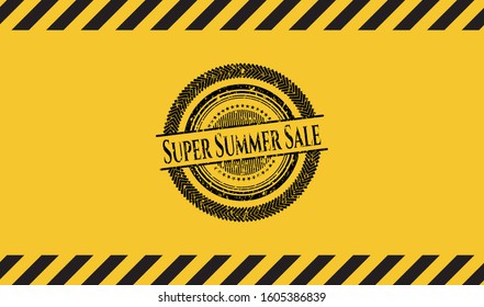 Super Summer Sale black grunge emblem with yellow background. Vector Illustration. Detailed.