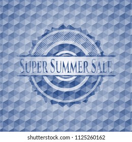 Super Summer Sale blue emblem with geometric pattern background.