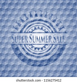 Super Summer Sale blue emblem or badge with abstract geometric polygonal pattern background.