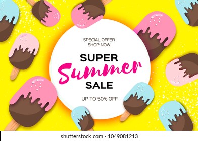 Super Summer Sale with ice-creams in paper cut style. Origami Melting ice cream on yellow. Space for text.Circle frame. Hot Summertime. Holidays.