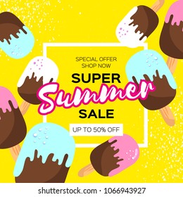 Super Summer Sale with Melting ice cream on yellow. Space for text. Square frame. Hot Summertime. Holidays.