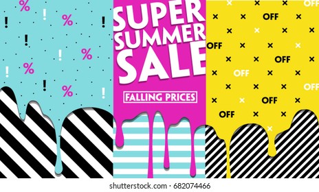 Super Summer Sale Modern banner template for social media and mobile apps. 80, 90 style. Fashionable Memphis style Creative sale graphic. Summer background for sale poster. Easy editable for design.