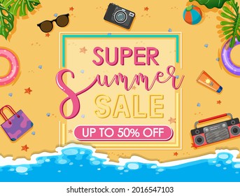 Super Summer Sale text banner with beach items illustration