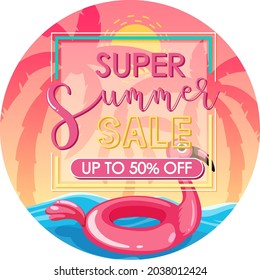 Super Summer Sale text banner with pink beach background illustration