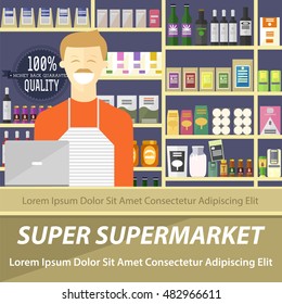 Super supermarket flat design layout, vector illustration of smiling seller in a store with full shelves of different abstract goods.