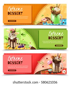 Super sweet rich extreme desserts recipes ideas 3 horizontal appetizing website page banners design isolated vector illustration  svg