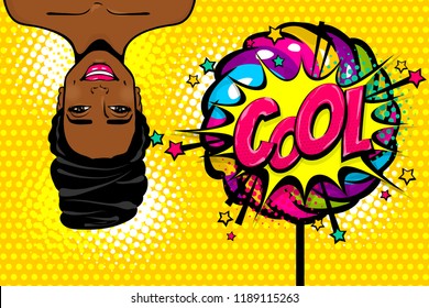 Super Sweet Sale Candy Lollipop. Black African-american Young Girl Pop Art. Woman Pop Art. Comic Text Advertise Speech Bubble. Retro Halftone Background.