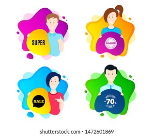 Super symbol. People shape offer badge. Special offer sign. Best value. Dynamic shape offer. Worker person badge. Cut out people coupon. Super text. Vector